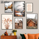 Nordic Deer Landscape Canvas Poster for Living Room Decor by Axyaa