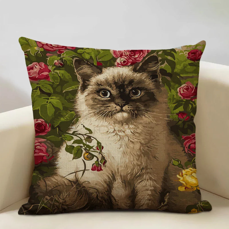 Axyaa Cat and Dog Pattern Cushion Cover 45x45cm Linen Square Pillowcase