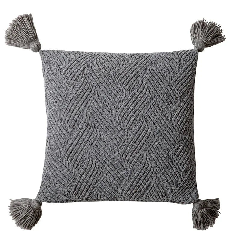 Axyaa Twill Knit Cushion Cover 45x45cm - Solid Pillow Case with Tassels