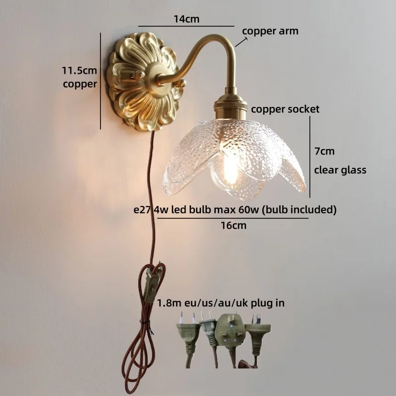 Axyaa Nordic LED Wall Lamps Interior Living Room Decor Antique Brass Resin Flower Design