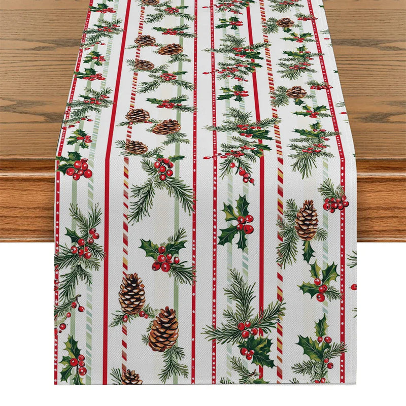 Axyaa Christmas Stripes Table Runner: Indoor Outdoor Dining Decor, Washable Long Cloth