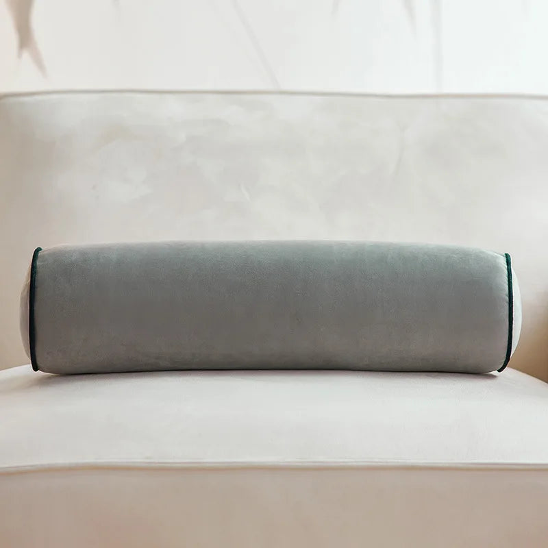 Axyaa Velvet Bolster Pillow - Corded Edge, Removable Cover - Cylindrical Neck Roll - 17.5x56cm