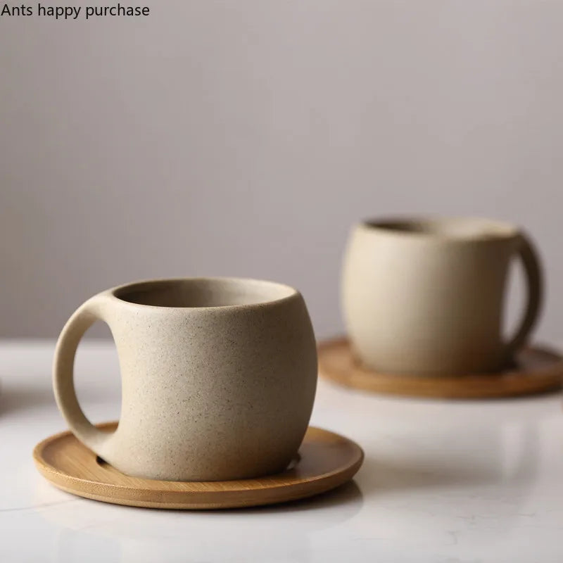 Axya Ceramic Coffee Mug with Wooden Saucer - Tea Cup Drinkware