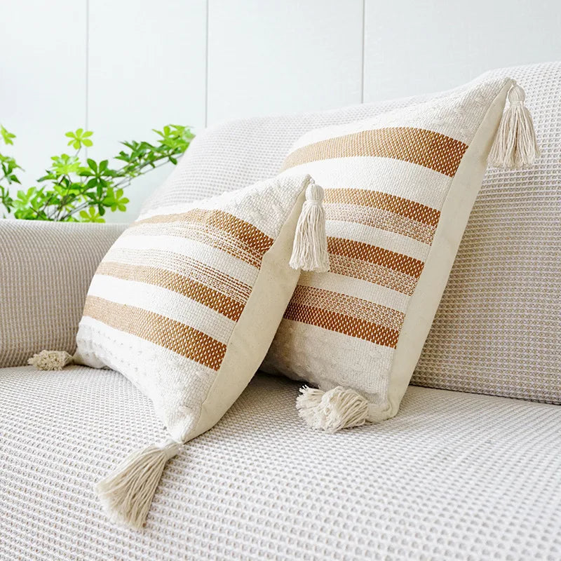 Ivory Brown Coffee Black Stripe Pillow Case with Tassels - Axyaa Brand