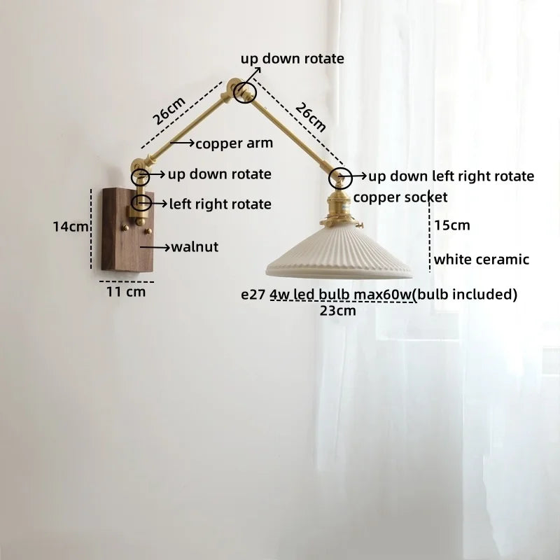 Axyaa Ceramic Copper Swing Arm LED Wall Light for Home Decor