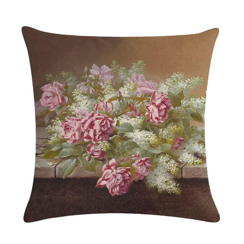 Axyaa Retro Flower Oil Painting Linen Pillowcase 45*45cm