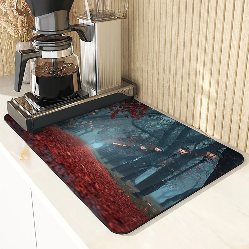Axyaa Autumn Park Kitchen Drain Pad, Heat Resistant Dish Drying Mat