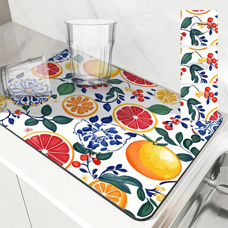 Axyaa Plant Leaf Lemon Kitchen Drying Mat - Quick Dry Absorbent Draining Pad