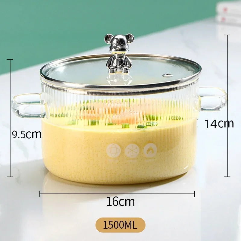 Axyaa Small Bear Glass Noodle Bowl with Cover and Double Ear Handles