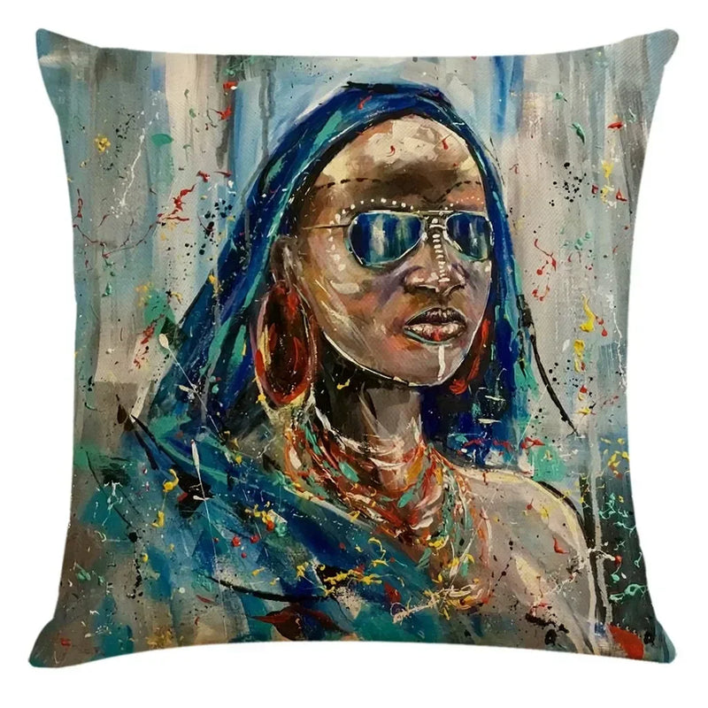 Axyaa African Women Style Linen Pillow Cover 45x45cm