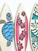 Tropical Surfboard Wooden Wall Art Set - Axyaa Ocean Decor with Turtle, Flower & Monstera