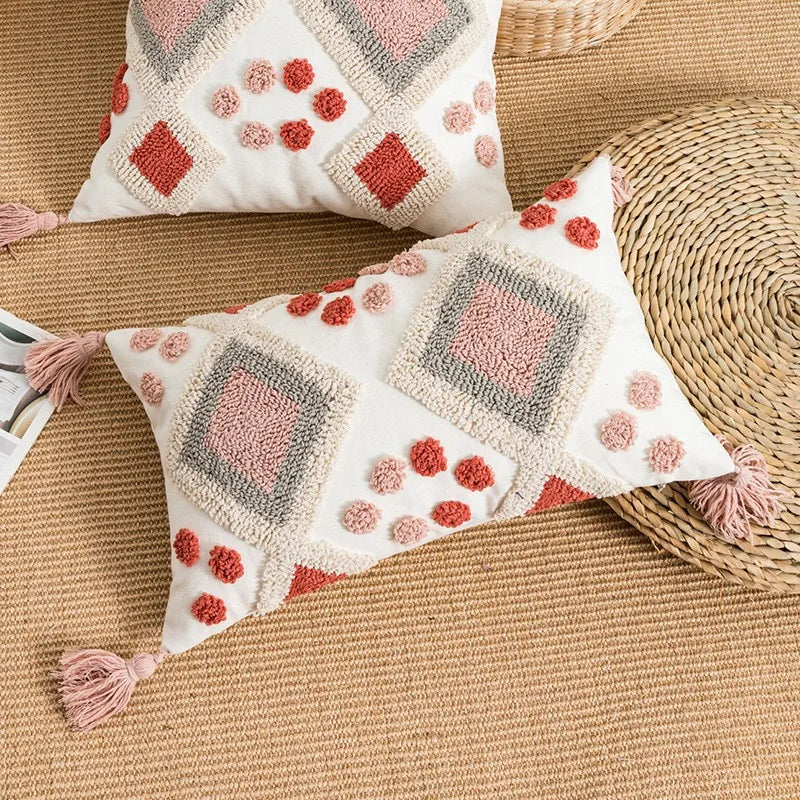 Boho Loop Tufted Tassel Pillow Cover for Home Decor by Axyaa