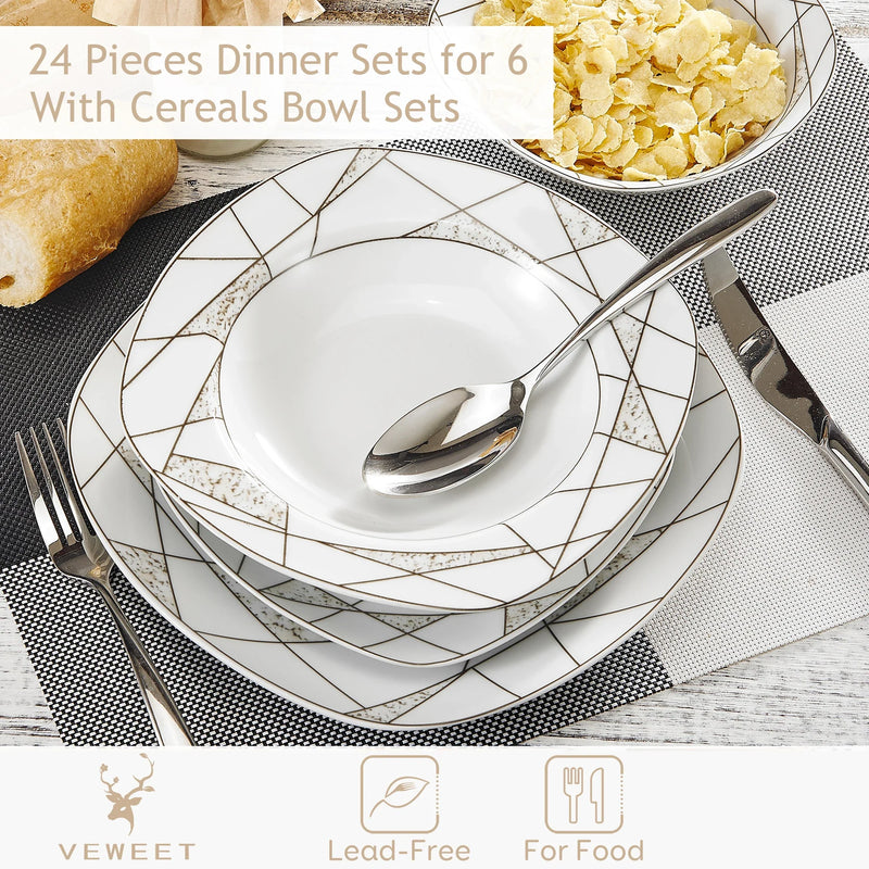 Axya™ 24-Piece Porcelain Ceramic Dinnerware Set with Cutlery - Bowls, Plates, Soup Plates