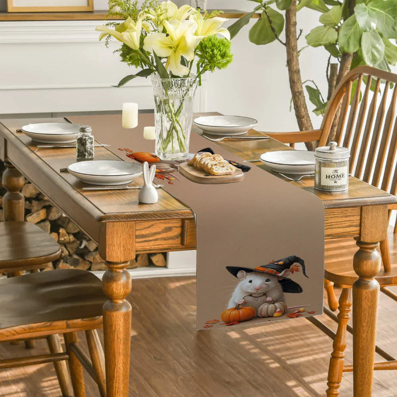 Axyaa Halloween Mouse Pumpkin Wizard Hat Table Runner