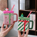 Axyaa 450ML Ceramic Santa Claus Mug With Lid & Straw - Couples Christmas Gift