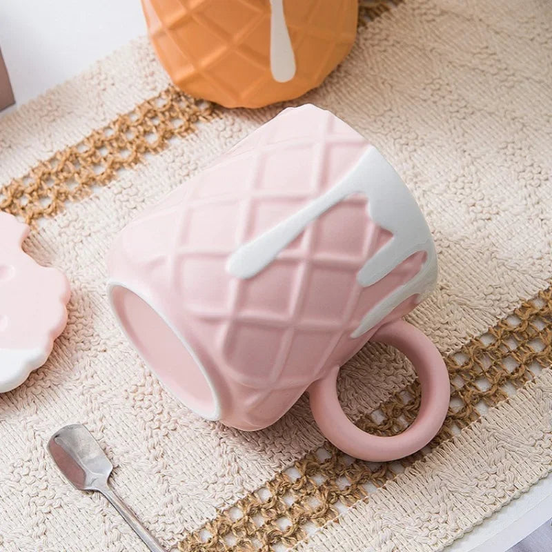 Axyaa 400ML Biscuit Pattern Coffee Mug With Lid, Spoon - Cute Kawaii Ceramic Cup