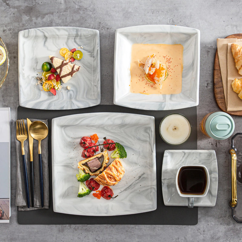 Axya Blance Marble Grey Porcelain Tableware Set for 12
