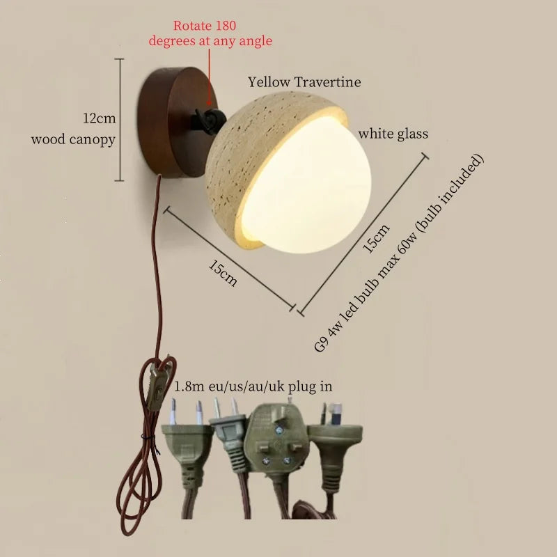 Axyaa White Glass LED Wall Lamps Pull Chain Yellow Travertine Modern Nordic Light