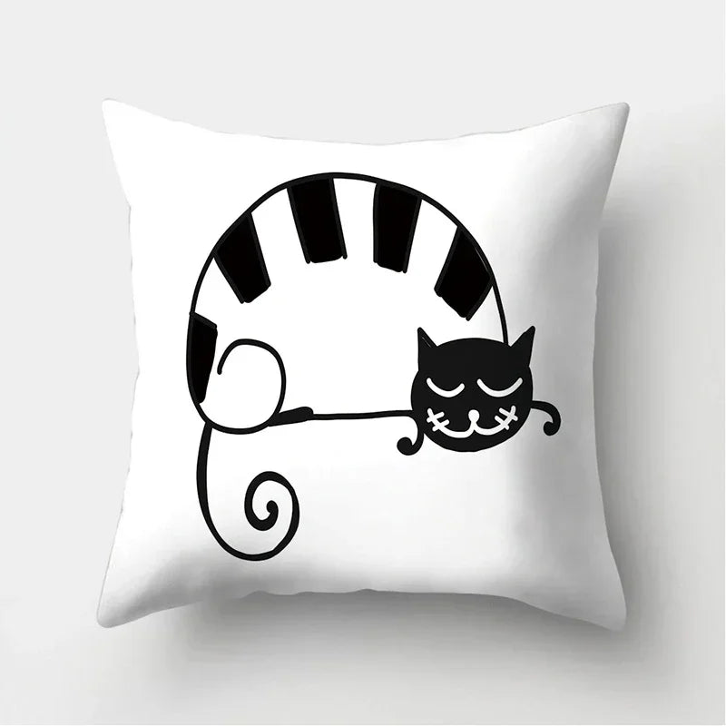 Axyaa Black & White Cat Pattern Cushion Cover for Living Room, Bedroom & Sofa