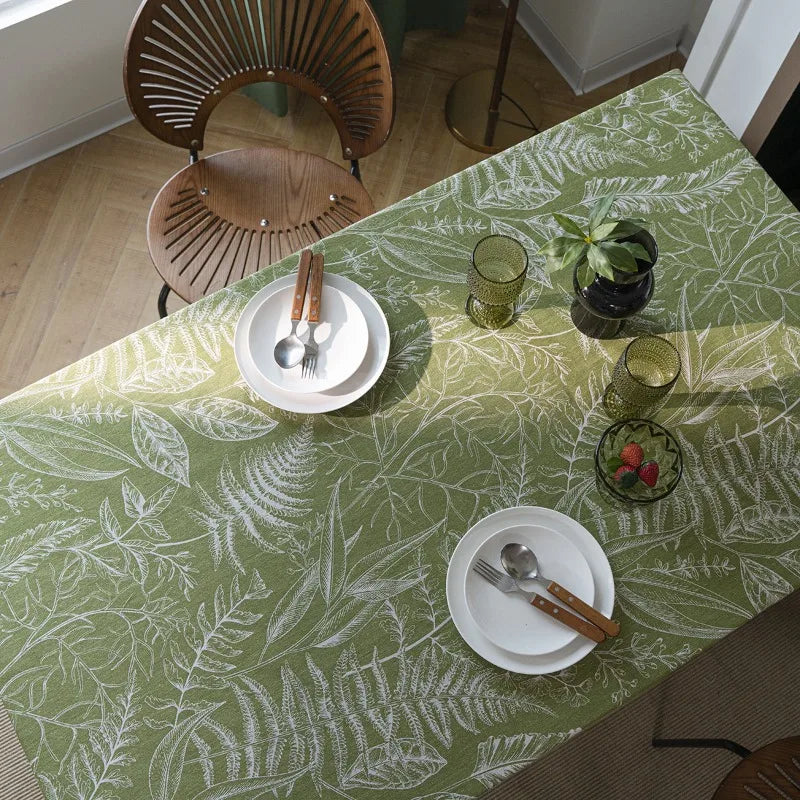 Axya Green Leaf Dining Table Cloth in American Fabric Art, Rectangle Design