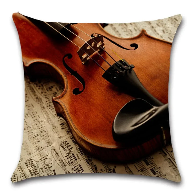Axyaa Violin Print Decorative Square Pillowcase Cotton Linen Cover
