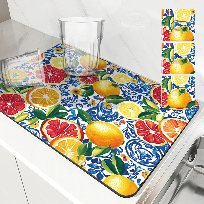 Axyaa Plant Leaf Lemon Kitchen Drying Mat - Quick Dry Absorbent Draining Pad