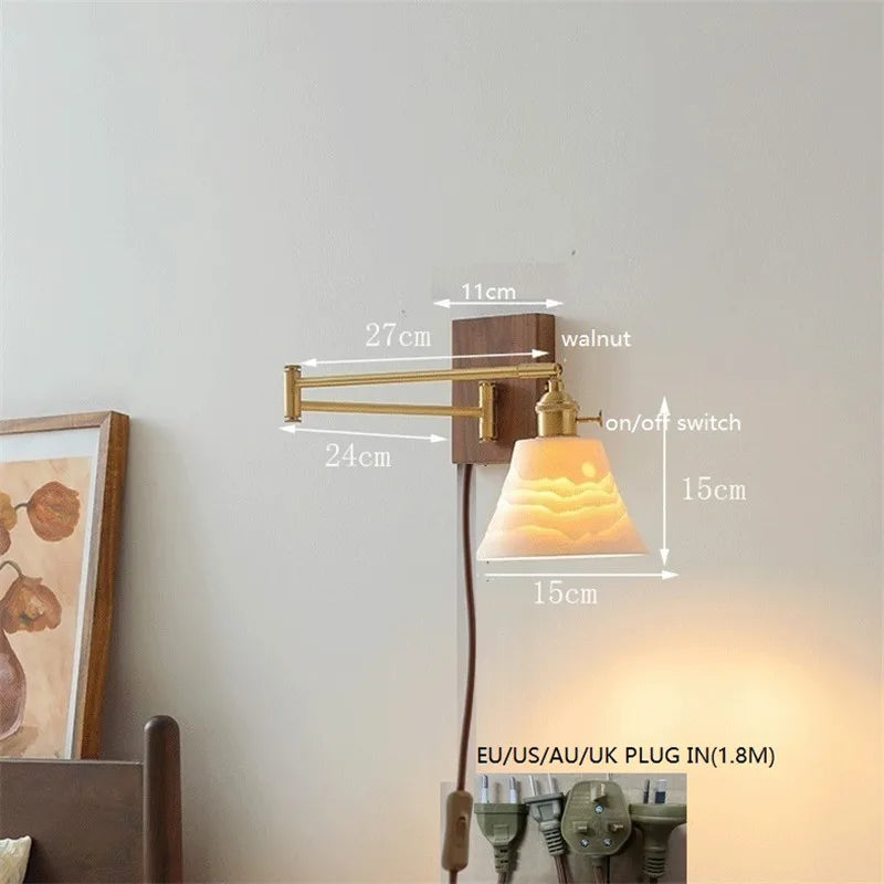 Axyaa Walnut Ceramic LED Wall Lamp with Copper Arm, Rotate, Pull Chain Switch