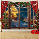 Axyaa Christmas Scene Tapestry: Window Snow, Tree, Santa Photography Background