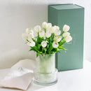 Axyaa Ribbed Glass Vase with White Tulips Artificial Flowers 20-Piece Set