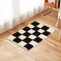 Axyaa Nordic Cotton Linen Tassel Rug - Handmade Checkerboard Tufted Mat for Living Room