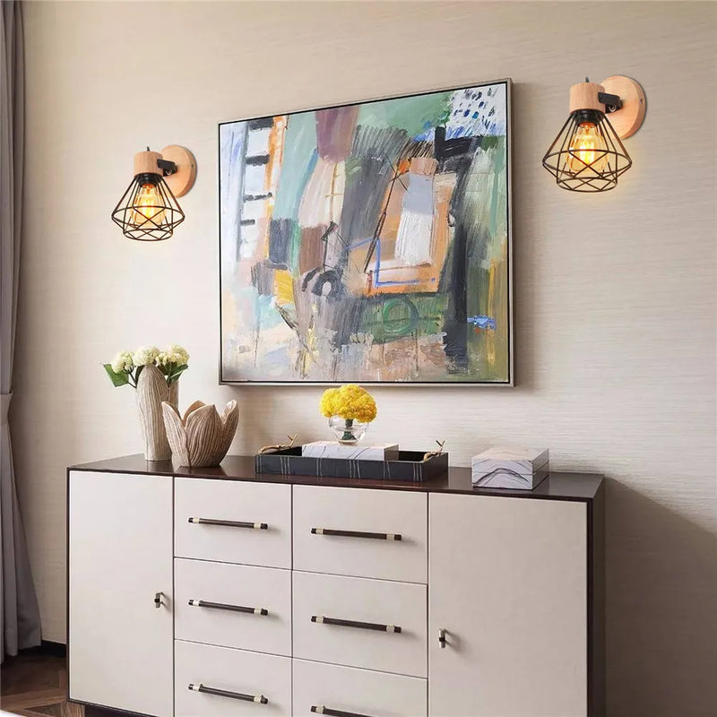Axyaa Wood Iron Cage Wall Lamp Industrial Retro Sconce for Bedroom Aisle