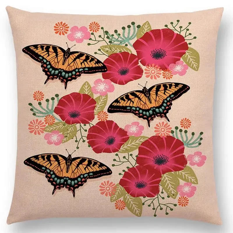 Axyaa Bird-Floral Teacup & Lepidoptera Cushion Cover for Decor & Sofa