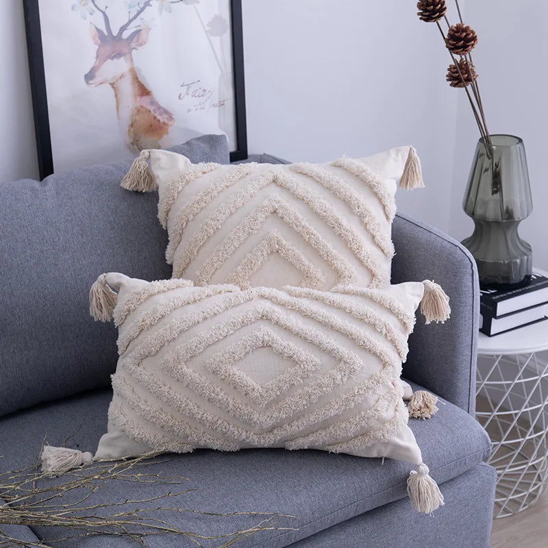 Axyaa Beige Boho Tufted Geometric Cushion Cover for Chic Home Decor