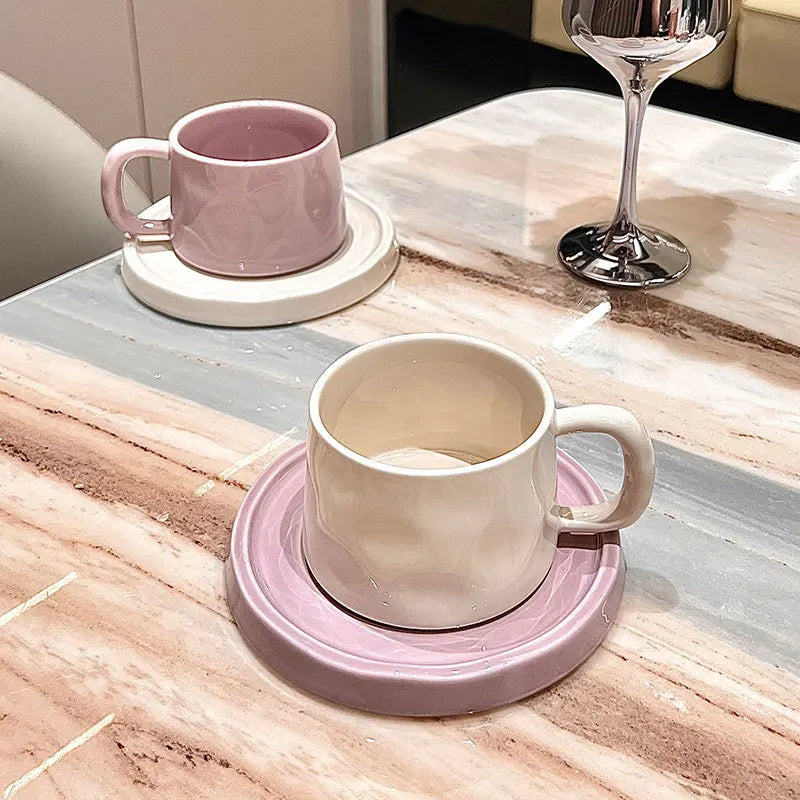 Axya Purple Ceramic Coffee Cup Set - Colored Couple Mugs & Saucers, Porcelain Milk Mug