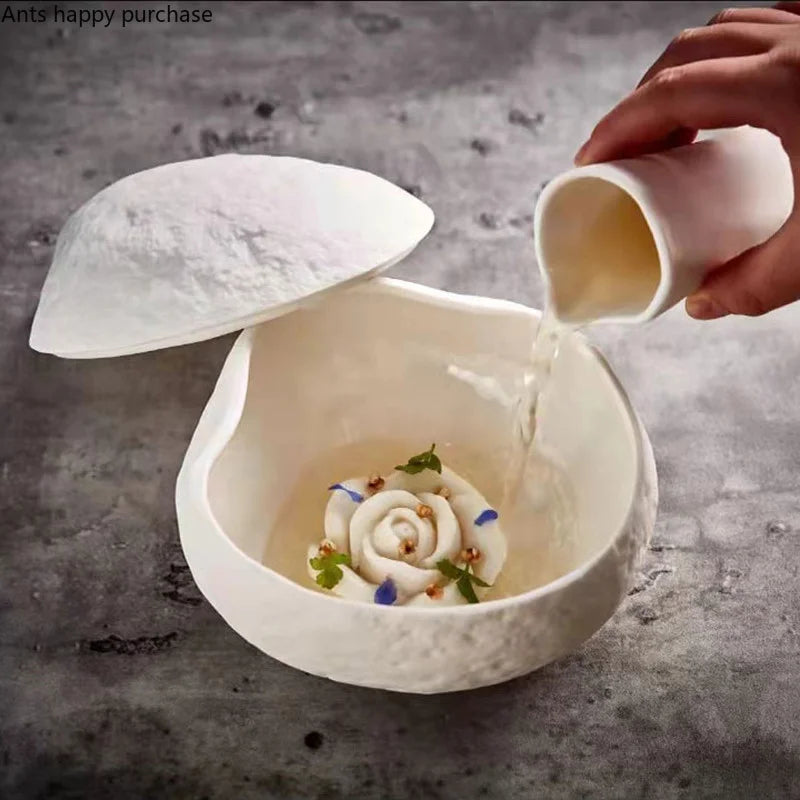 Axya White Ceramic Dessert Bowl Set with Cover and Dinner Plate