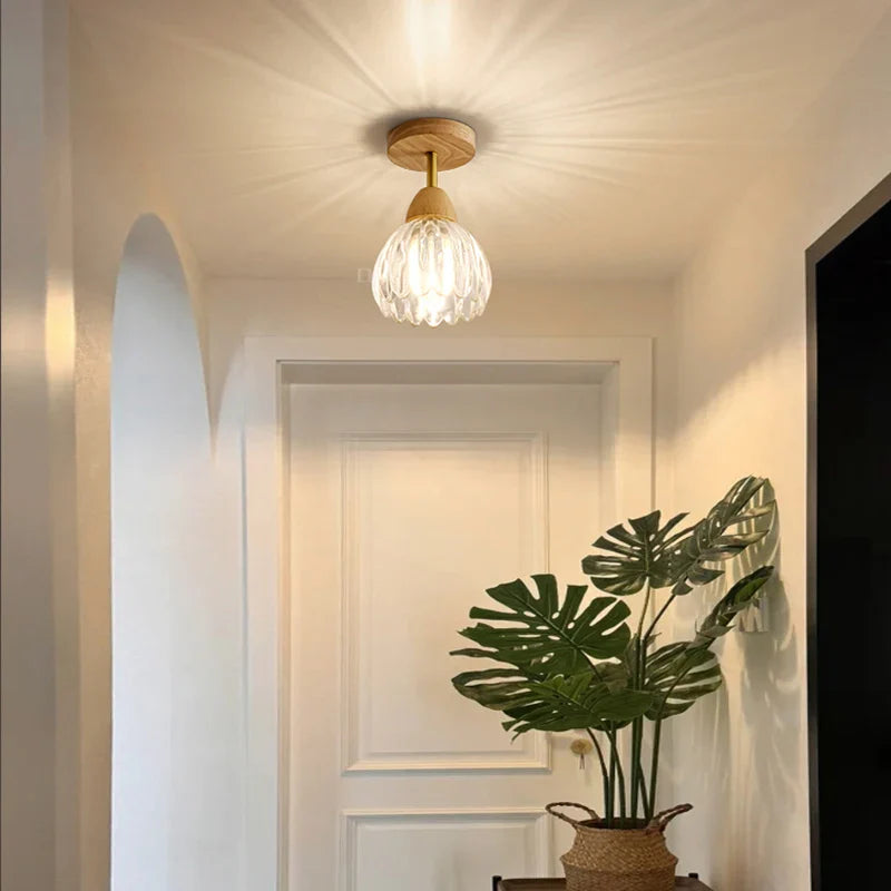 Axyaa Clear Glass Ceiling Light with Wood E27 Bulb for Bedroom, Dining Room, Hallway