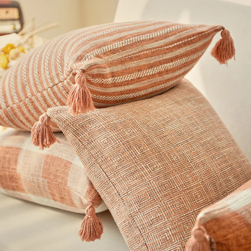 Orange Linen Tassels Cushion Cover by Axyaa: Decorative Pillow for Living Room, Bed, Sofa