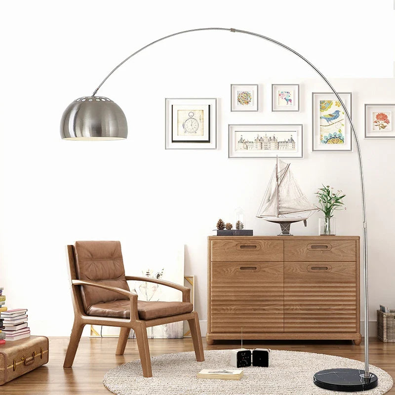 Axyaa Nordic Marble Arc Floor Lamp Silver Wood Finish
