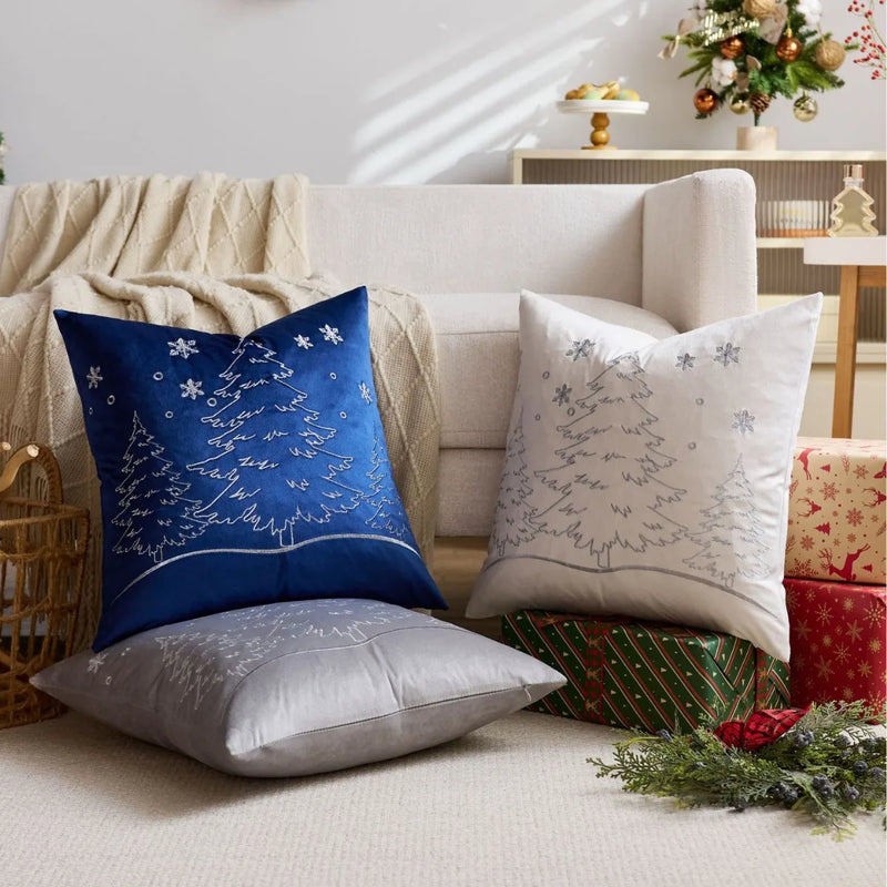 Axyaa Christmas Tree Pillow Cover - Silver Gold Snowflake Velvet - Home Decoration - 45x45cm