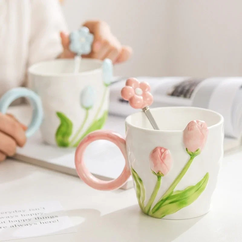 Axyaa Tulip Flower Ceramic Mug: 3D Design, Creative Relief, Ins Style, Coffee Cup