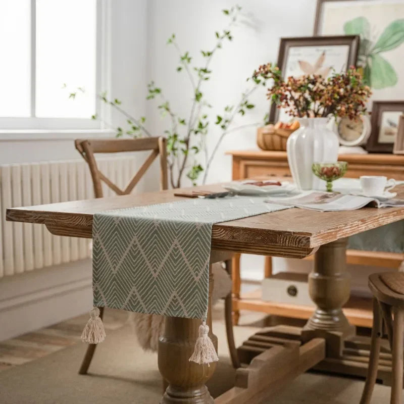 Geometric Jacquard Table Runner with Tassel Trim by Axya