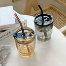 Axyaa Coloured Glass Tumbler Cup with Lid & Straw - 400ml Grey Amber Glass