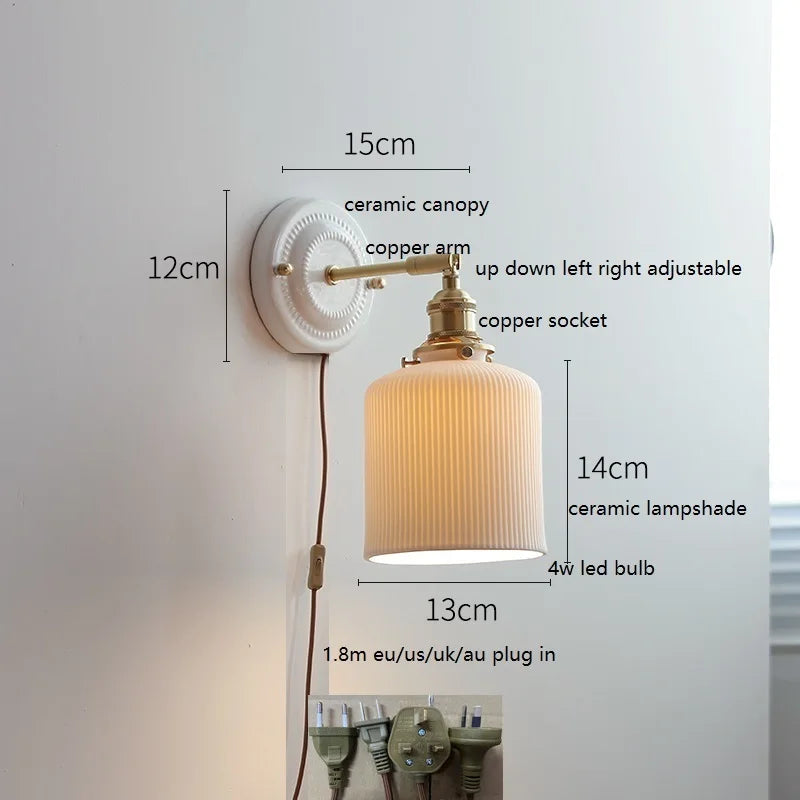 Axyaa Ceramic LED Wall Sconce with Adjustable Copper Arm - Pull Chain Switch