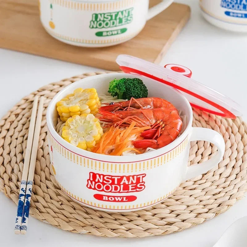 Axyaa Ceramic Noodle Bowl with Lid - Large Capacity Soup & Salad Lunch Box