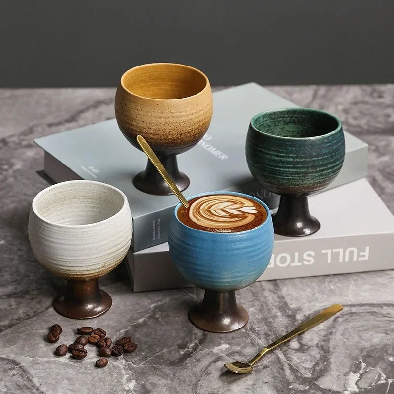 Axyaa Ceramic Coffee Cup Set with Spoon, Coarse Pottery Goblet for Home Decor