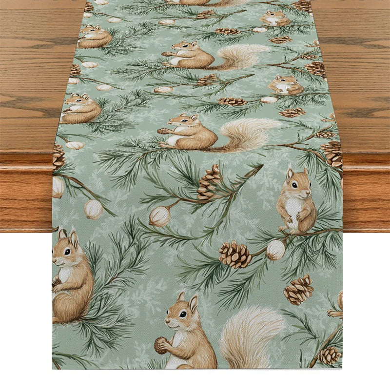 Axyaa Christmas Squirrel Table Runner Pine Cone Decoration Dining Coffee Runners