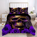 Axyaa Purple Rose Skull Duvet Cover Set for Stylish Bedroom Decor