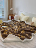 Axyaa Double-Layered Teddy Bear Plush Throw Blanket White with Brown Bear Pattern