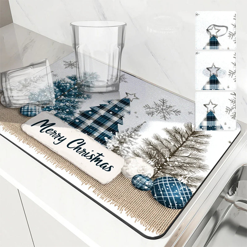 Axyaa Christmas Fir Kitchen Drying Mat - Absorbent Table Cup Placemat