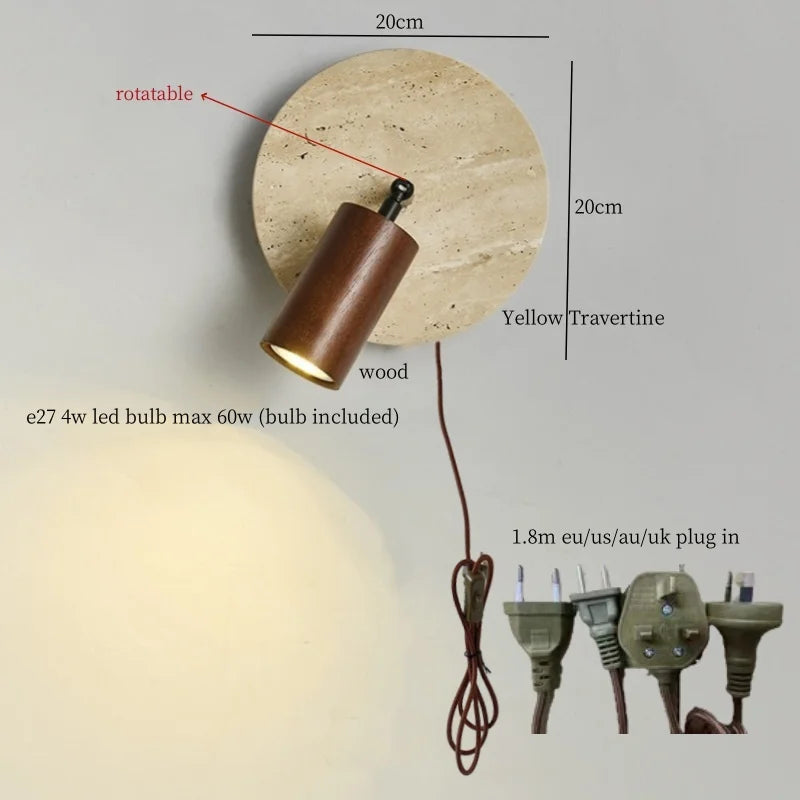 Axyaa White Glass LED Wall Light - Yellow Travertine Button Switch - Wabi Sabi Design